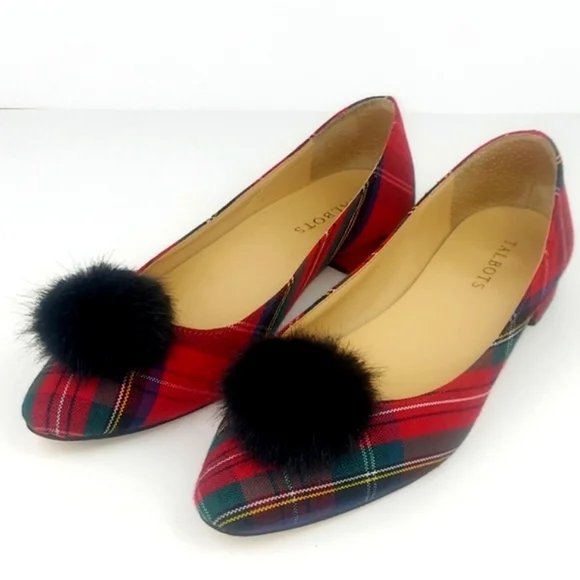 Talbots Edison Tartan Plaid Faux Fur Pom Pom Flats 8.5 - Picture 15 of 15